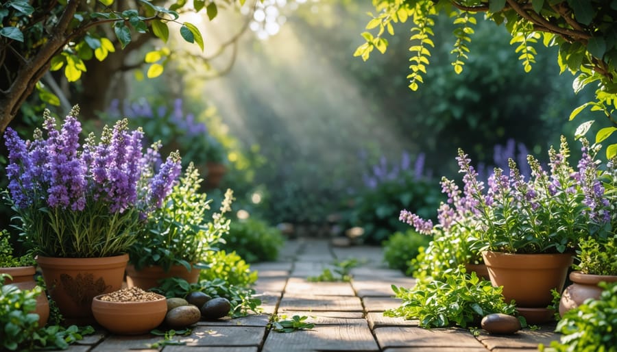 Biblical healing herbs and plants in a peaceful garden setting