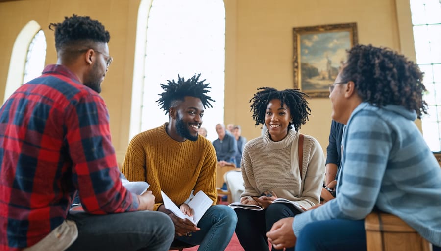 Church community members engaged in supportive group discussion