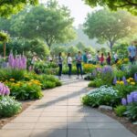 A serene church community garden featuring medicinal herbs like frankincense, myrrh, olive branches, and hemp leaves, with a diverse group of people engaging in conversation and reflection.