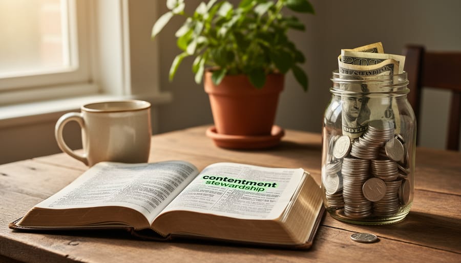 Open Bible with reading glasses on wooden table in warm natural light