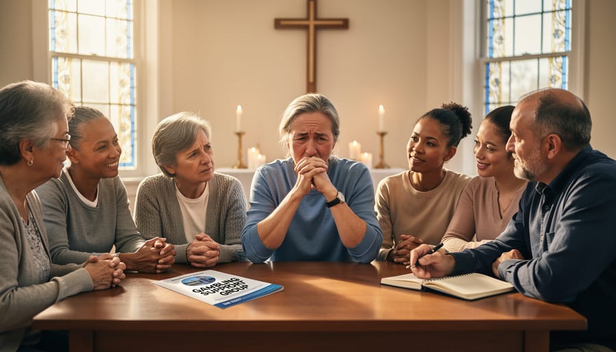 Diverse support group meeting in circle with caring, attentive participants
