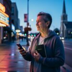 Thoughtful adult at dusk holding a Bible and a glowing smartphone on a city sidewalk, with blurred casino lights and a distant church steeple in the background.