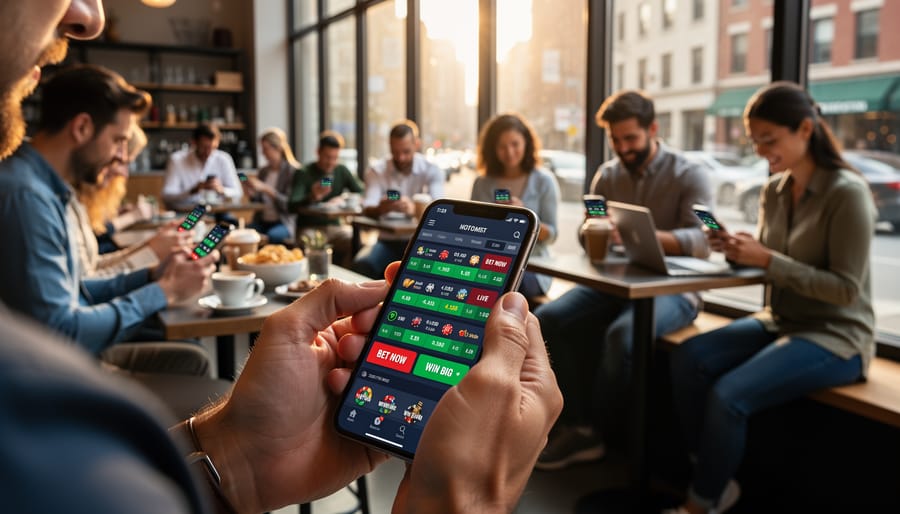 Overhead view of hands holding smartphones with betting and casino apps