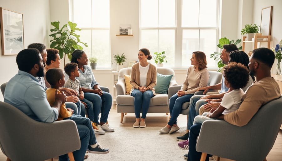 A parent and youth leader seated with supportive body language during a conversation at a table.