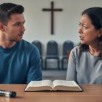 Youth pastor and parent sitting together in a church youth room with a Bible on a table, with a sleek vape device softly blurred in the foreground.