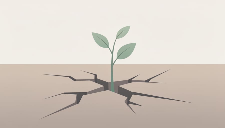 Close-up of a small green sapling with raindrops growing from cracked soil