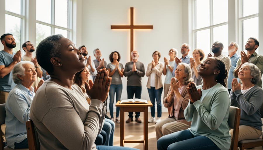 Diverse group of Christians praying together inside a church