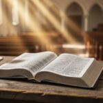 “Open Bible on a wooden table with a candle and a cross necklace in a softly lit church setting.”
