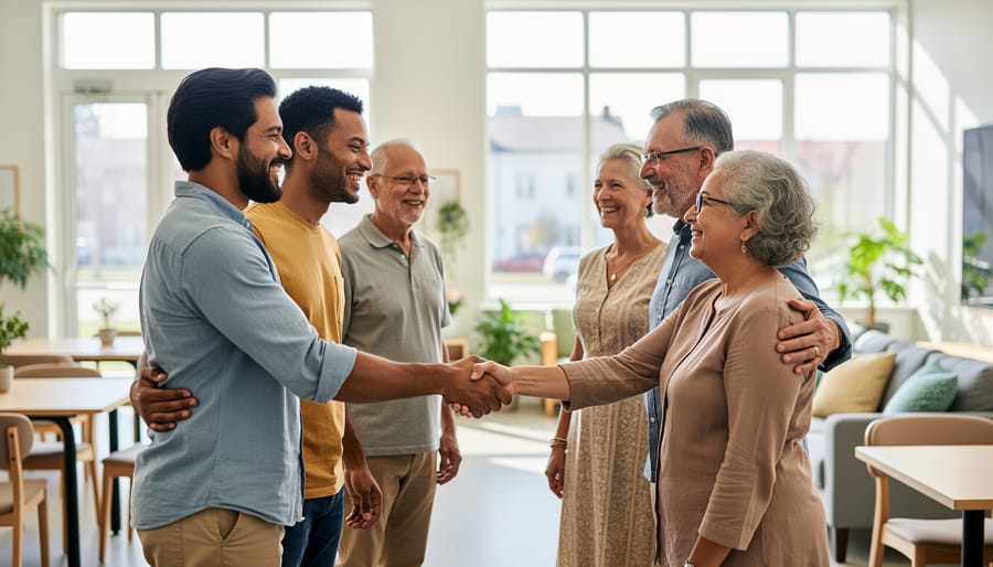 People from different faiths greet each other with warm handshakes in a community hall.