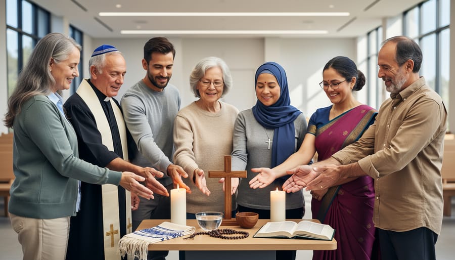 Religious symbols and open books on a table during a respectful shared worship setting.