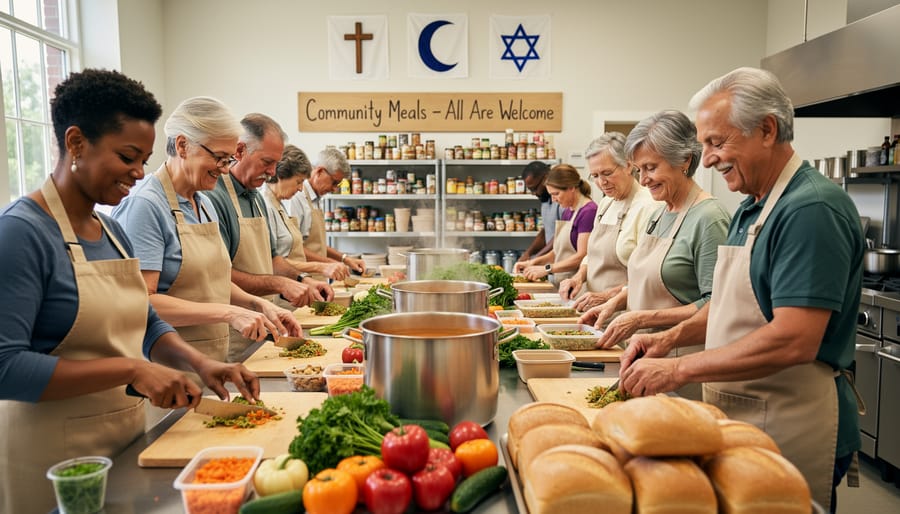 Volunteers ladle soup into stainless bowls during a community meal preparation.