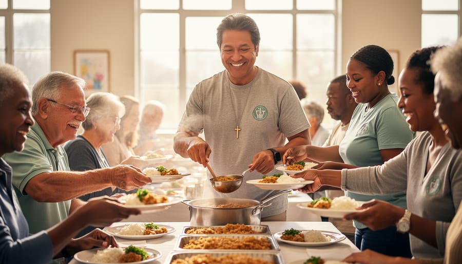 Volunteers sharing food with neighbors at a community outreach table