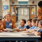 A church volunteer reads to kindergarten students at a school table while another volunteer organizes donated backpacks and classroom supplies nearby.
