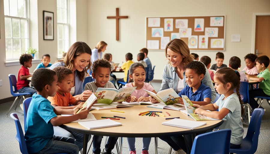 Mentor helping a child with reading during an after-school tutoring session.
