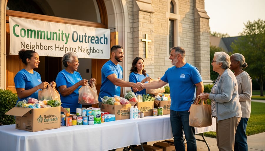Volunteers packing grocery items at a church community outreach table