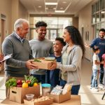 Volunteers from a church and a university deliver meal boxes to a family while guiding local youth during community outreach in a shared neighborhood space.