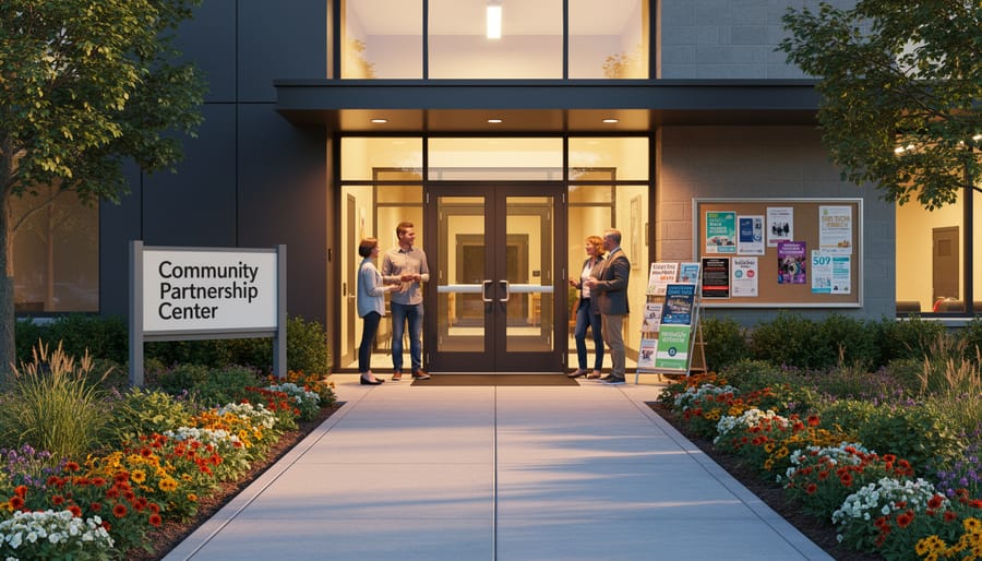 Donation boxes and a welcoming doorway at a community outreach site during golden hour