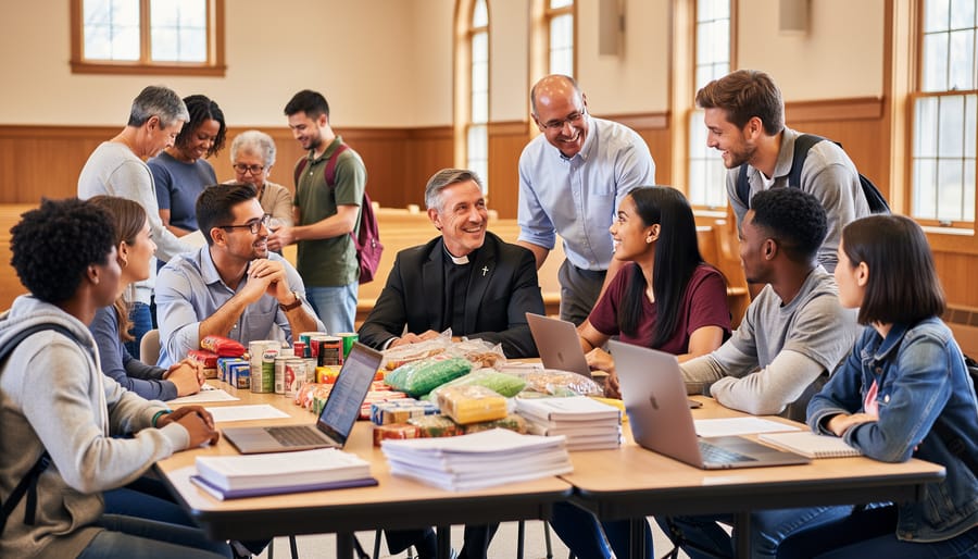 Students and church leaders discussing while holding donated backpacks